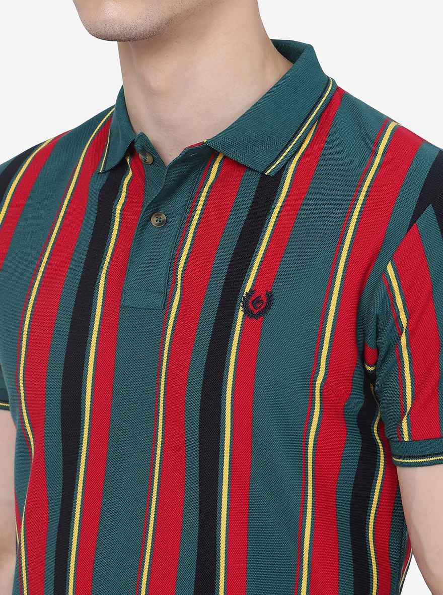 Red & Teal Green Striped Slim Fit Polo T-Shirt | Greenfibre