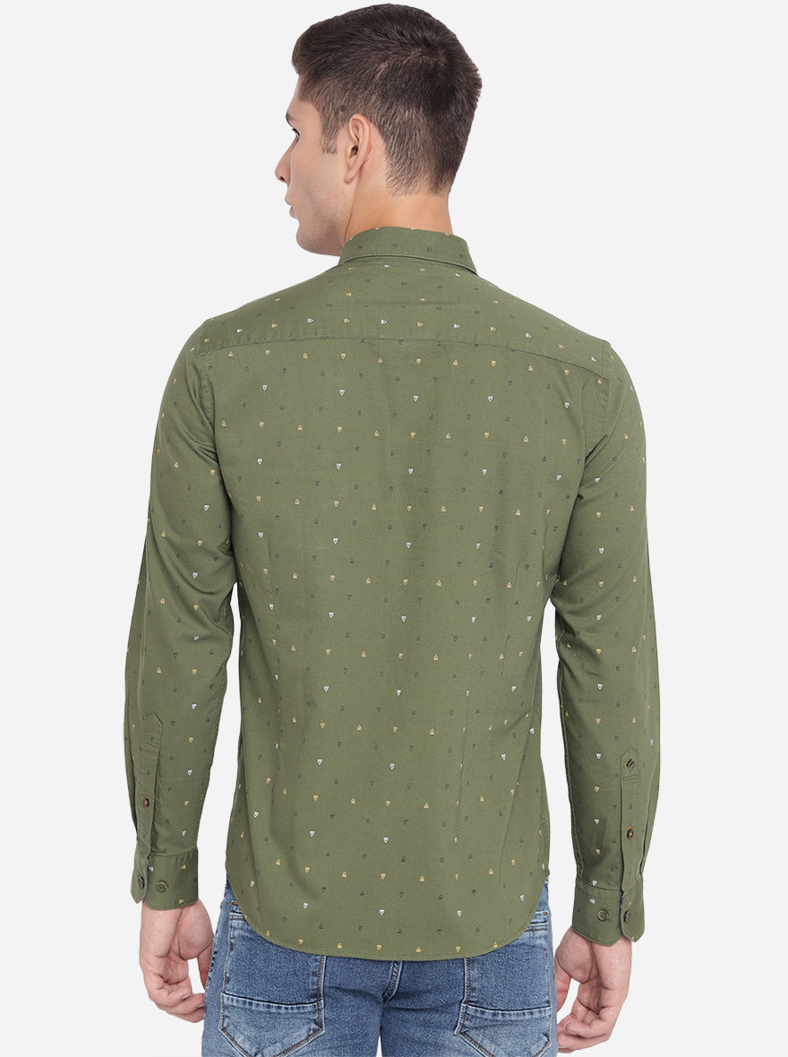 Chive Green Printed Slim Fit Casual Shirt | Greenfibre