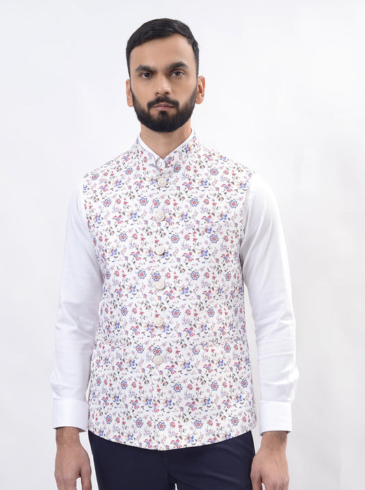 Cream Printed Regular Fit Bandhgala Jacket | Greenfibre