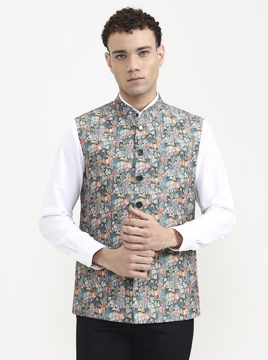 Green & Orange Printed  Waistcoat | Greenfibre