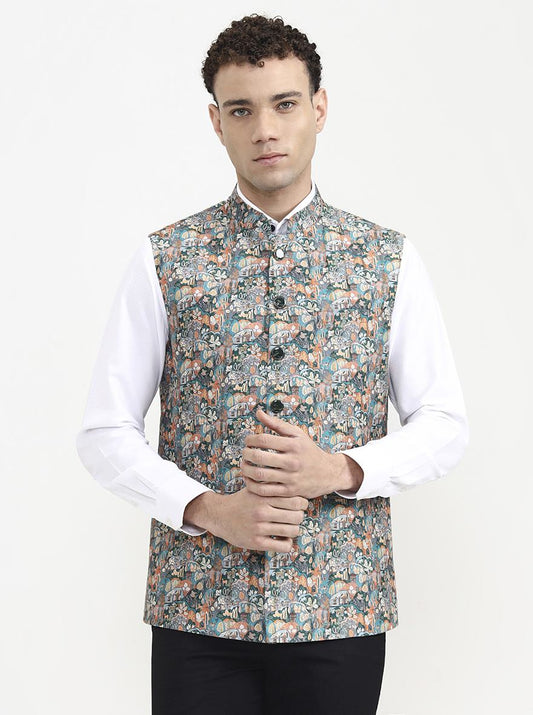 Green & Orange Printed  Waistcoat | Greenfibre