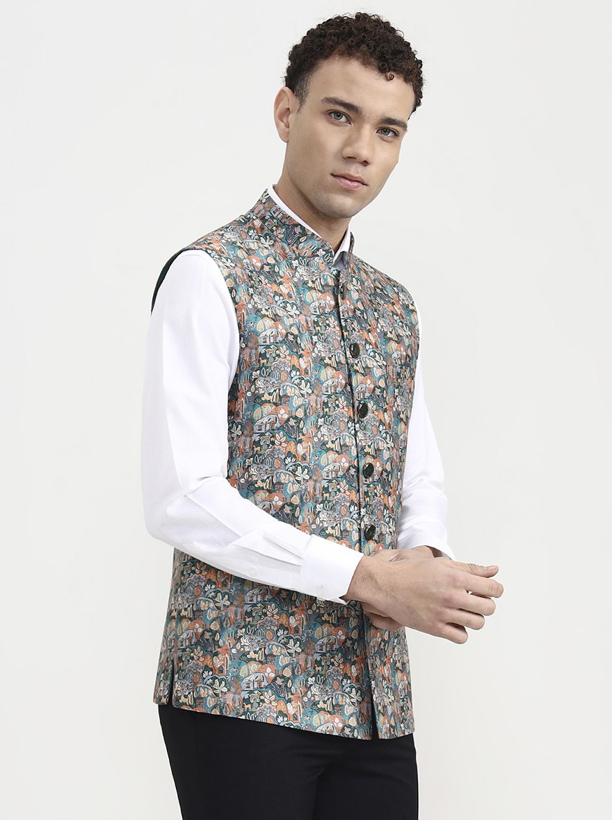 Green & Orange Printed  Waistcoat | Greenfibre
