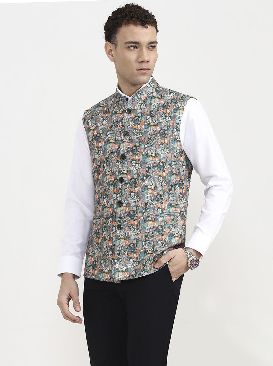 Green & Orange Printed  Waistcoat | Greenfibre