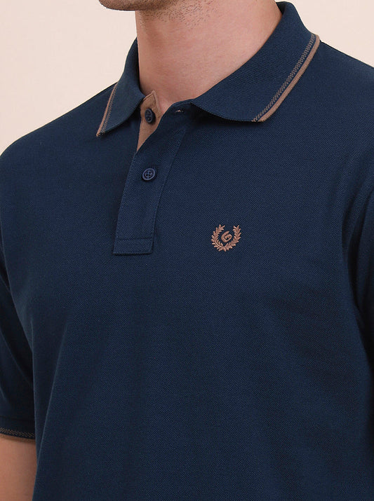 Indigo Blue Solid Slim Fit Polo T-Shirt | Greenfibre