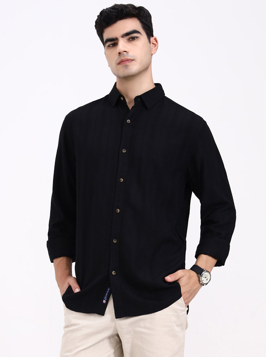 Black Striped Slim Fit Formal Trouser | Greenfibre