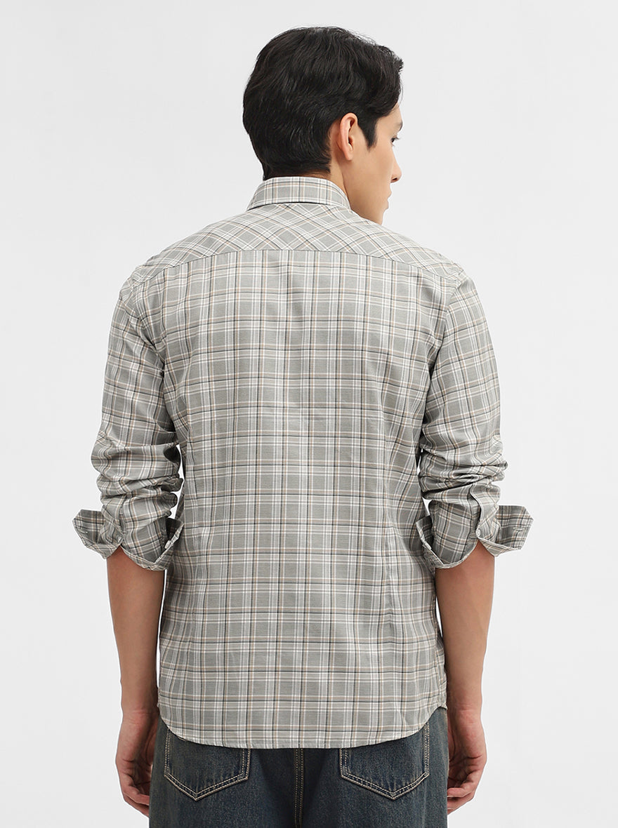 Olive Checked Tailored Fit Semi Casual Shirt | Greenfibre