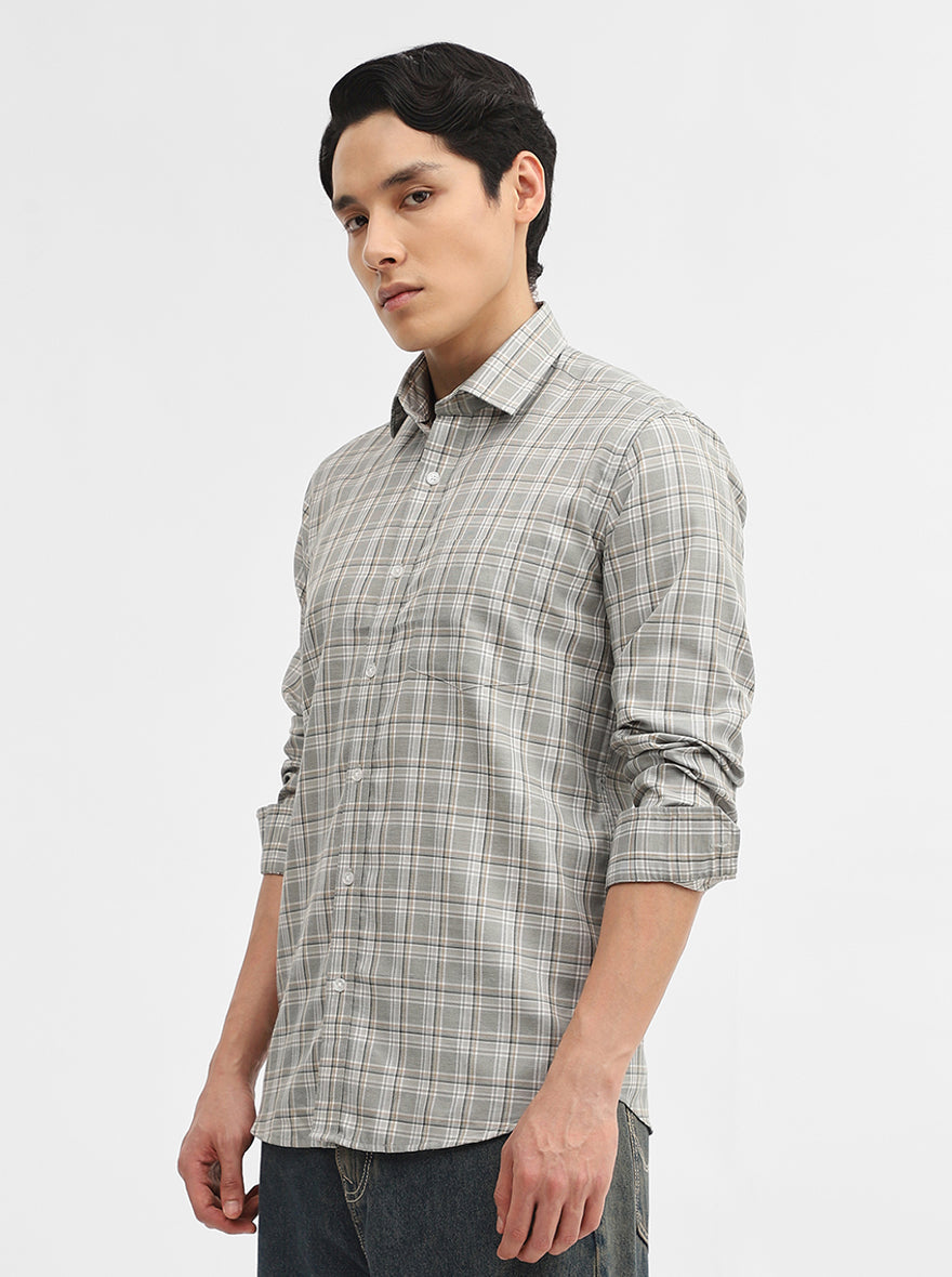 Olive Checked Tailored Fit Semi Casual Shirt | Greenfibre