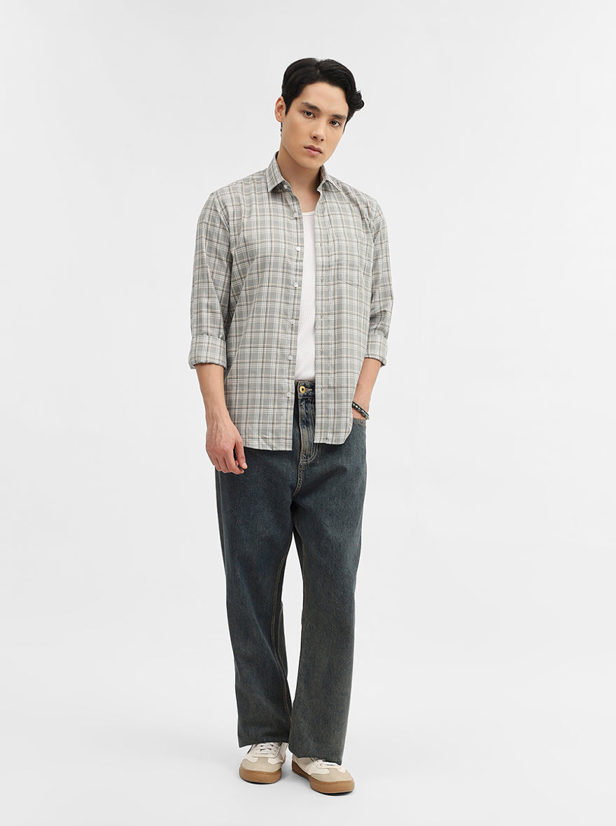 Olive Checked Tailored Fit Semi Casual Shirt | Greenfibre