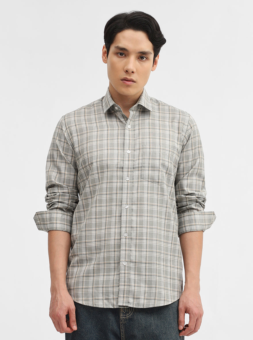 Olive Checked Tailored Fit Semi Casual Shirt | Greenfibre