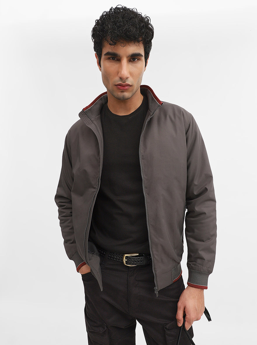 Dark Grey Solid Slim Fit Winter Jacket | Greenfibre