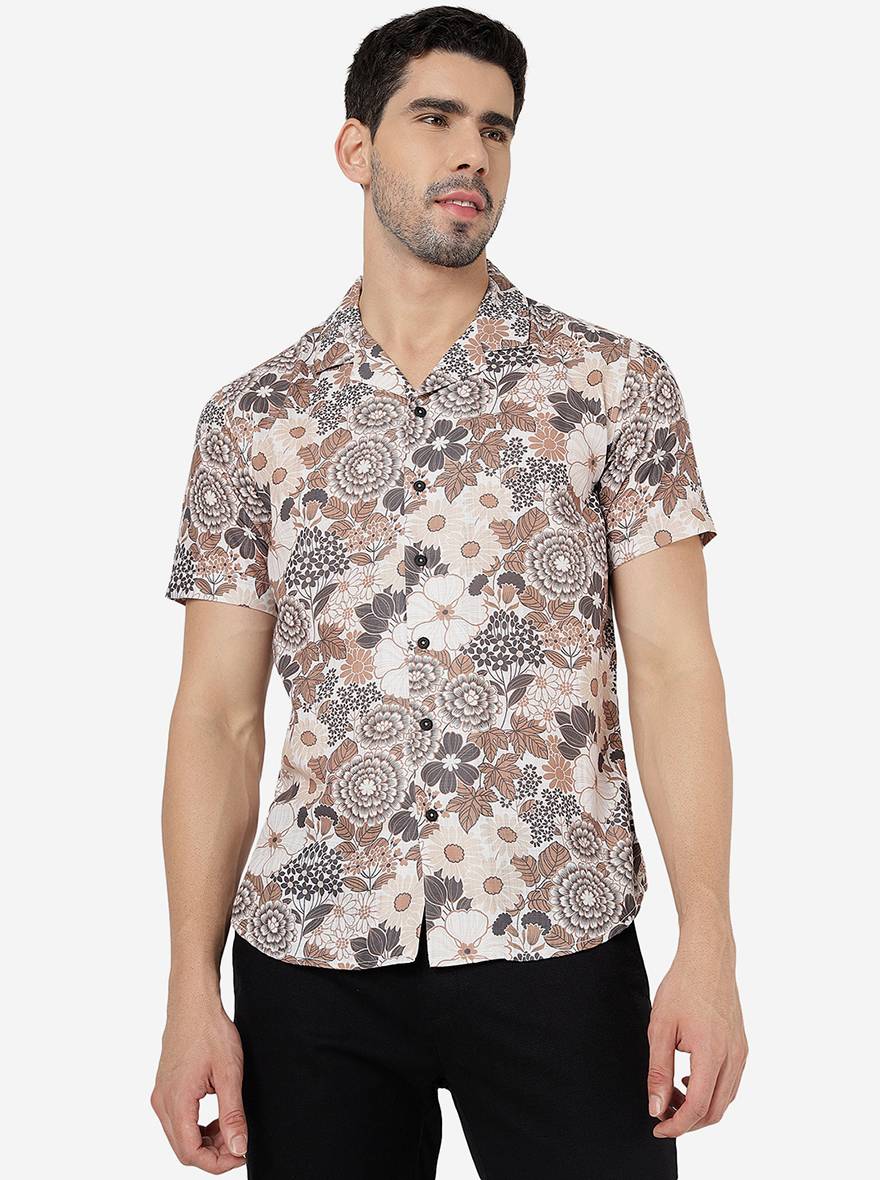 Brown Printed Slim Fit Casual Shirt | Greenfibre