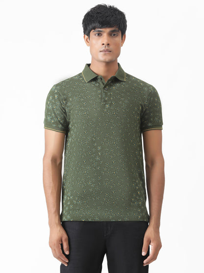 Olive Green Printed Slim Fit Polo T-Shirt | Greenfibre