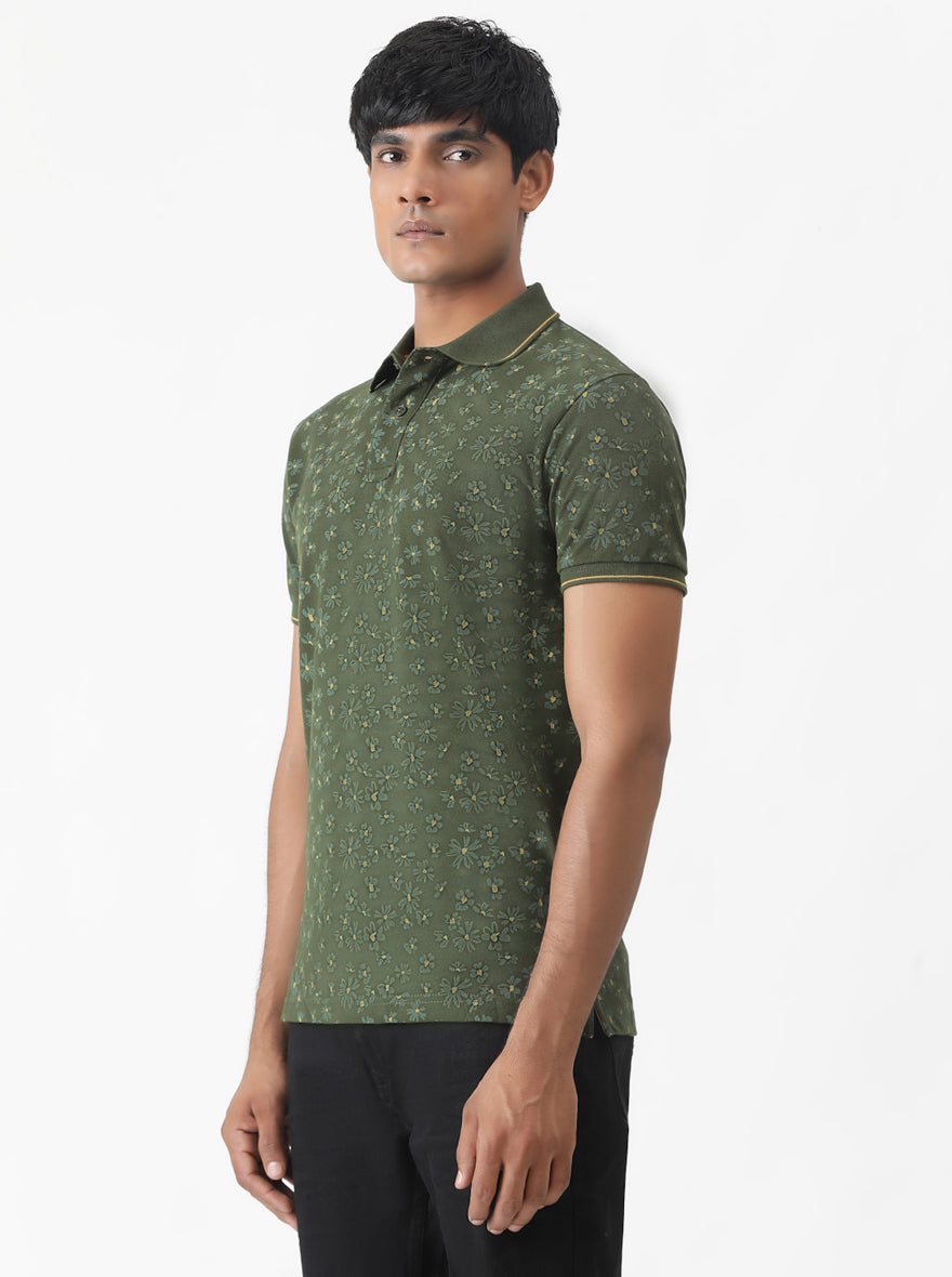 Olive Green Printed Slim Fit Polo T-Shirt | Greenfibre