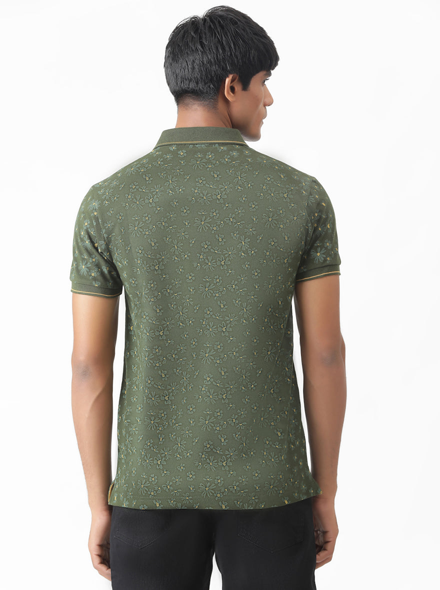 Olive Green Printed Slim Fit Polo T-Shirt | Greenfibre