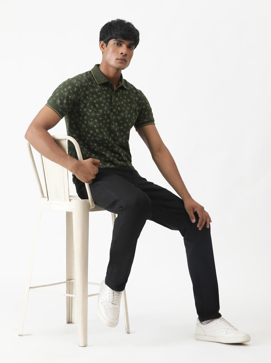 Olive Green Printed Slim Fit Polo T-Shirt | Greenfibre