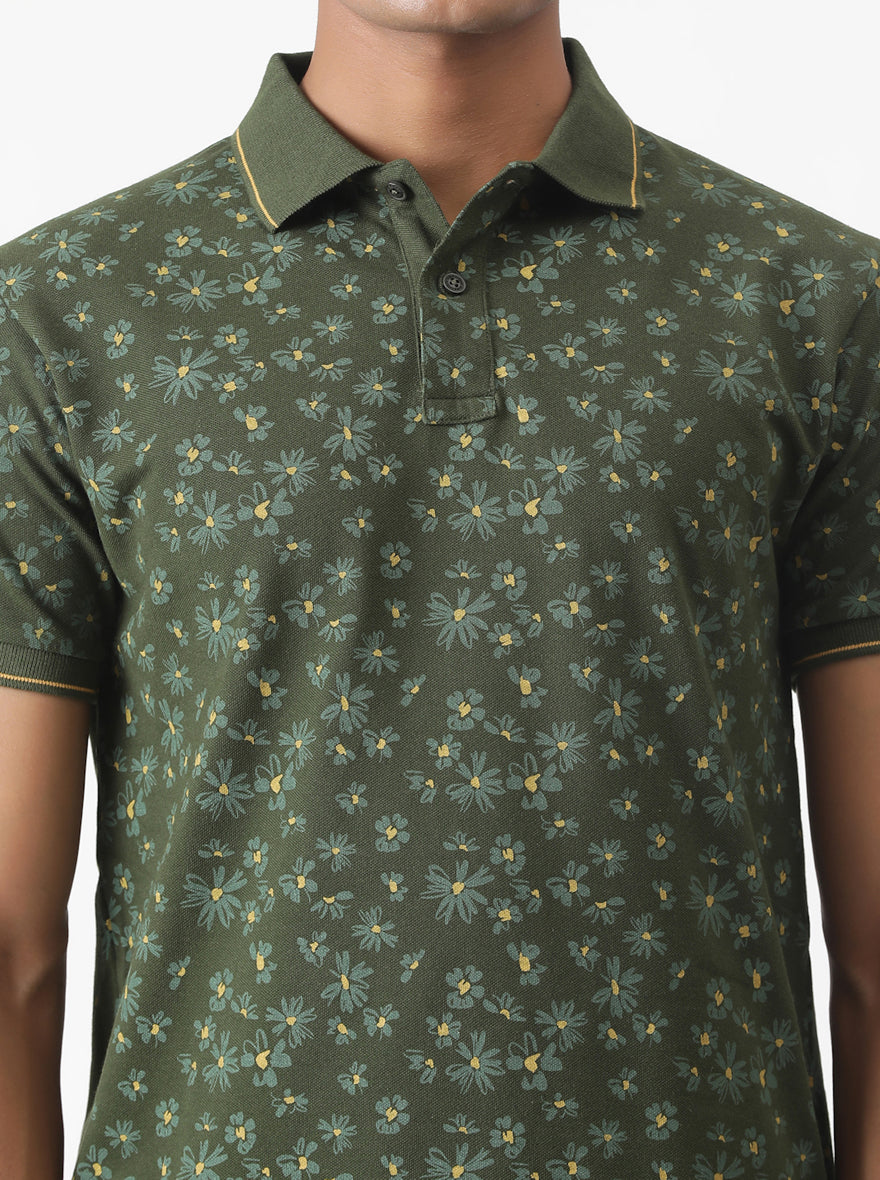 Olive Green Printed Slim Fit Polo T-Shirt | Greenfibre