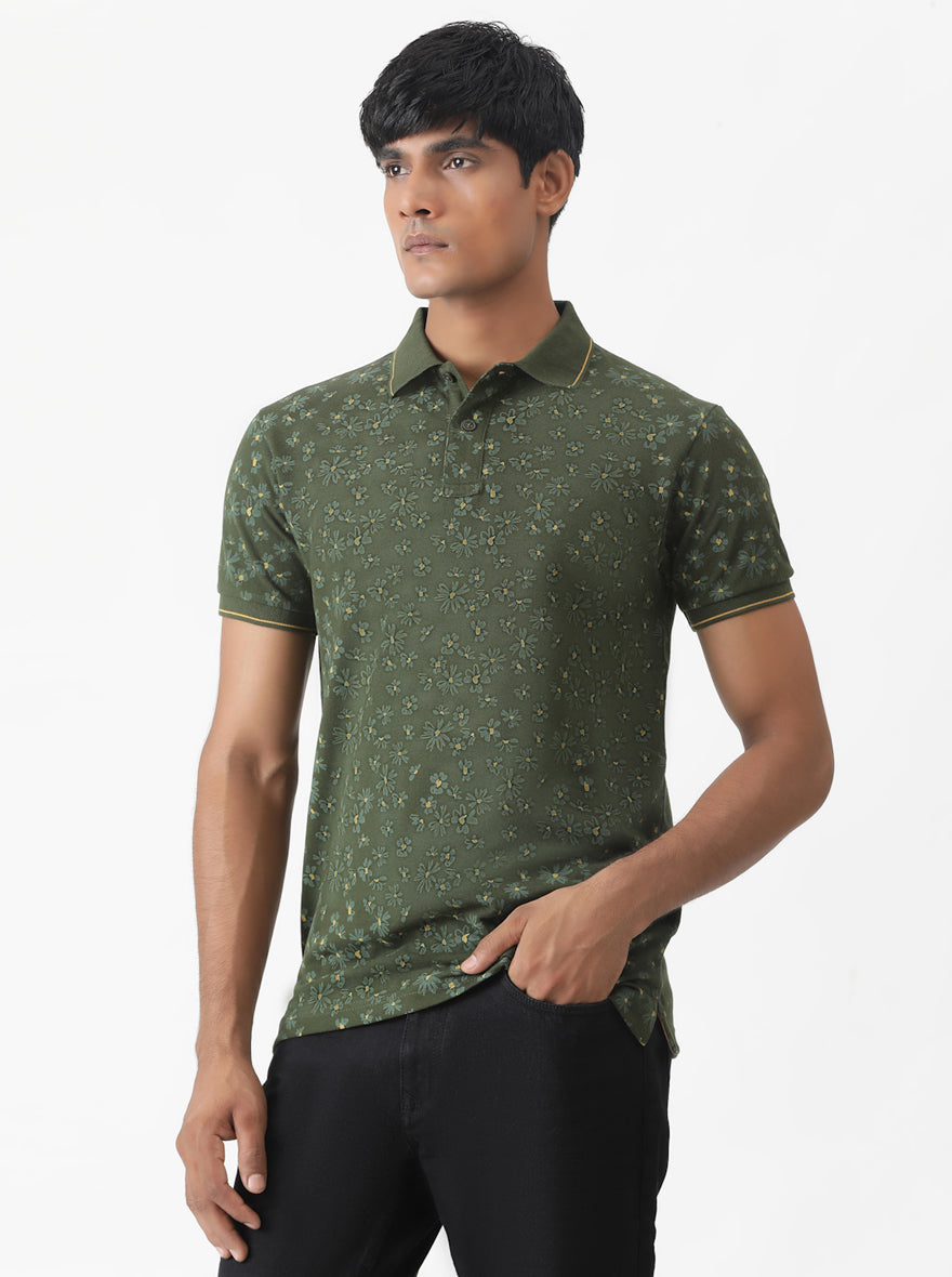 Olive Green Printed Slim Fit Polo T-Shirt | Greenfibre