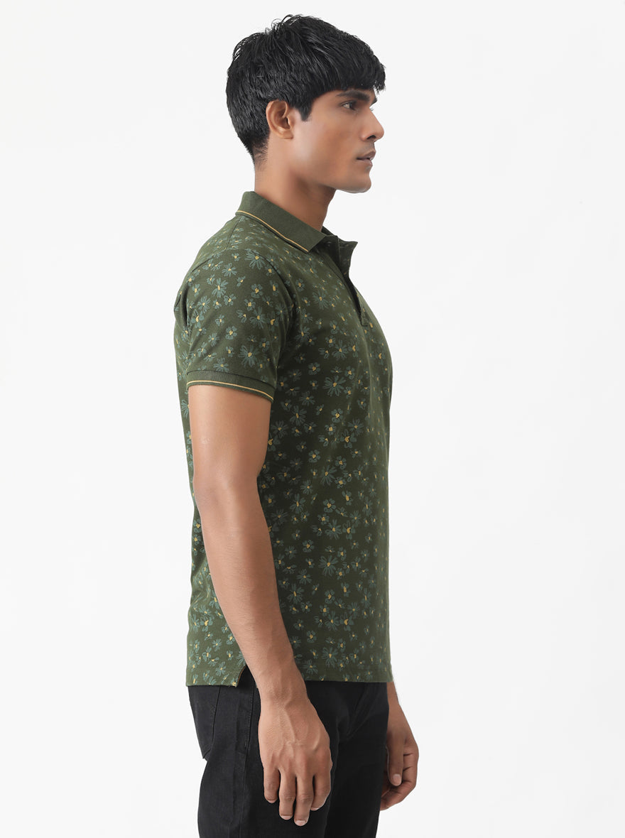 Olive Green Printed Slim Fit Polo T-Shirt | Greenfibre