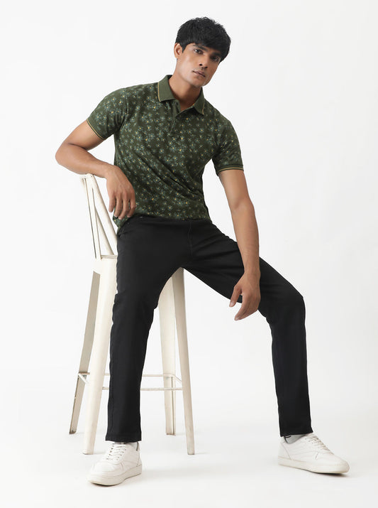 Olive Green Printed Slim Fit Polo T-Shirt | Greenfibre