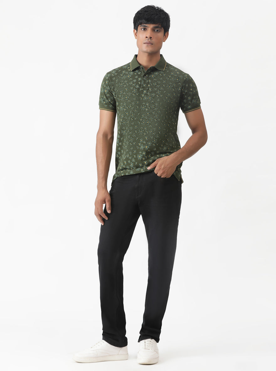 Olive Green Printed Slim Fit Polo T-Shirt | Greenfibre