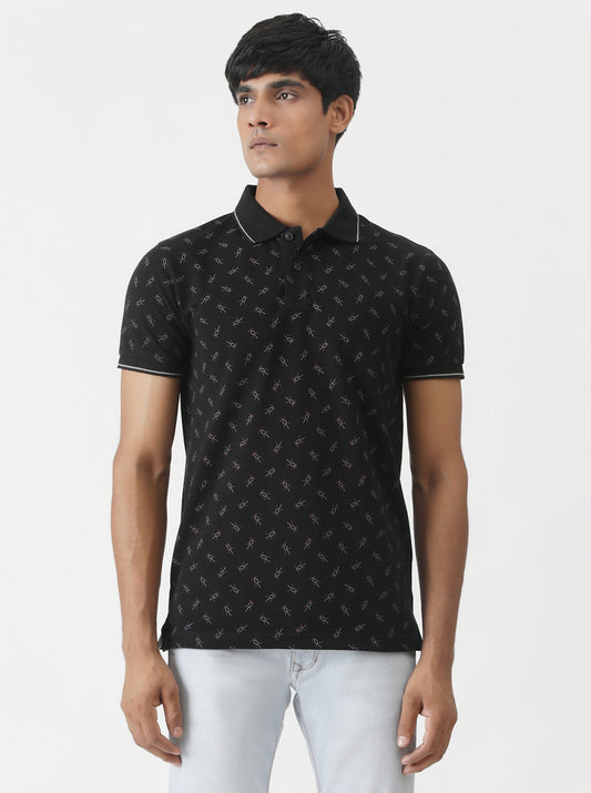 Black Printed Slim Fit Polo T-Shirt | Greenfibre