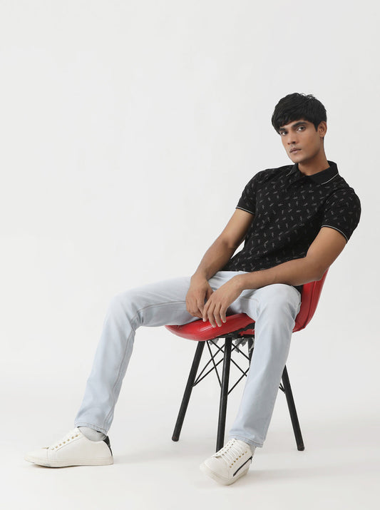 Black Printed Slim Fit Polo T-Shirt | Greenfibre