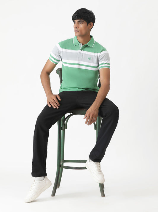 Green Striped Slim Fit Polo T-Shirt | Greenfibre