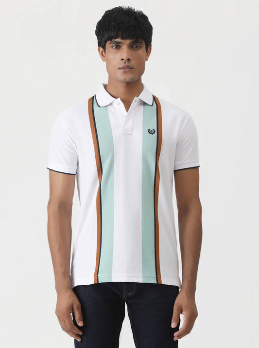 White Striped Slim Fit Polo T-Shirt | Greenfibre