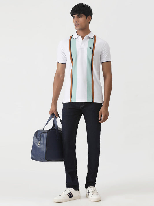 White Striped Slim Fit Polo T-Shirt | Greenfibre