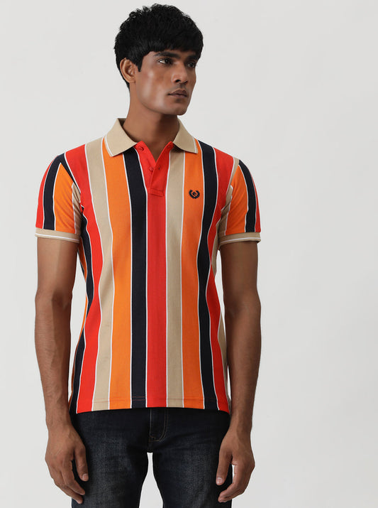 Red & Orange Striped Slim Fit Polo T-Shirt | Greenfibre