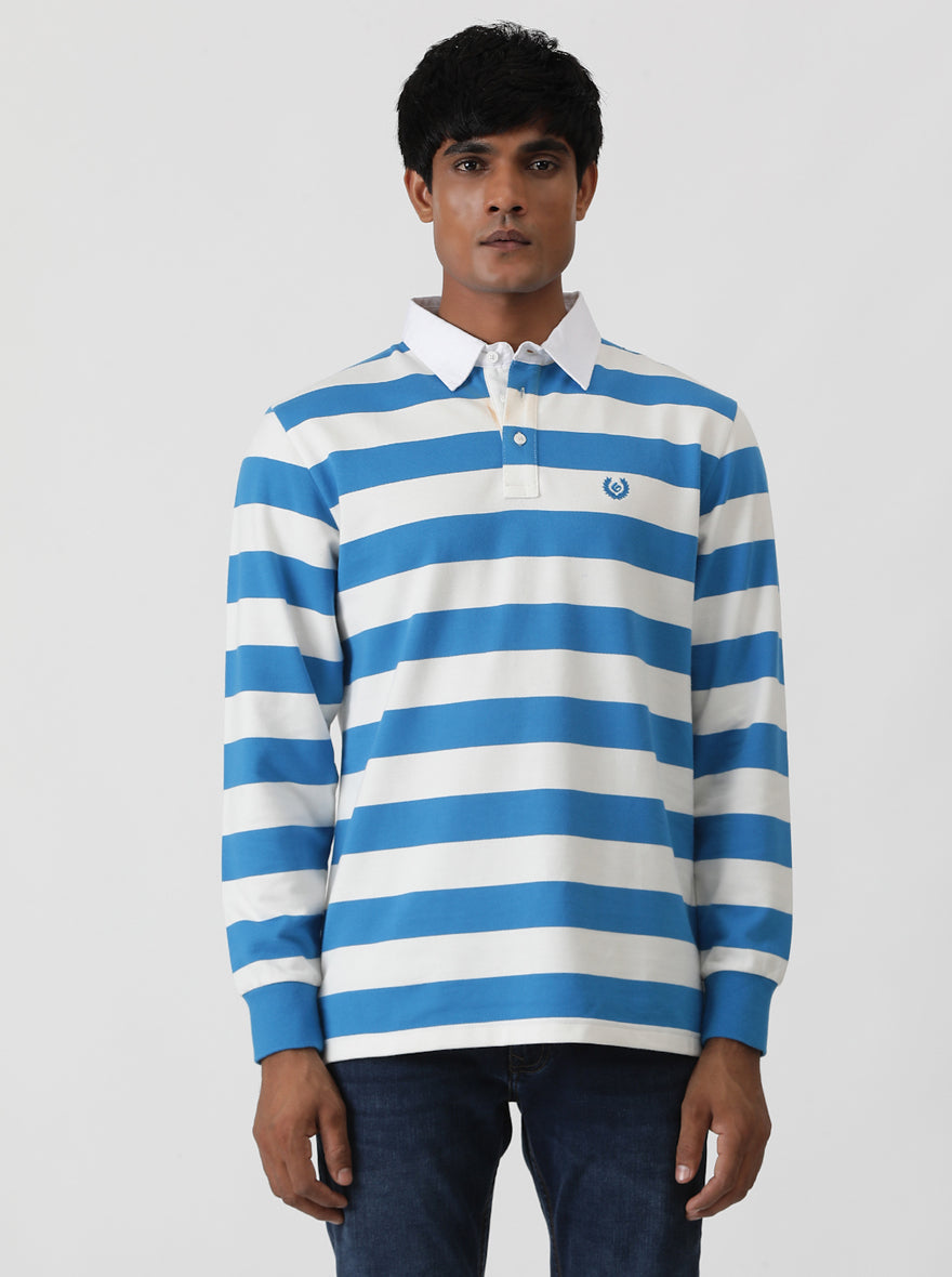 Blue Striped Slim Fit Polo T-Shirt | Greenfibre