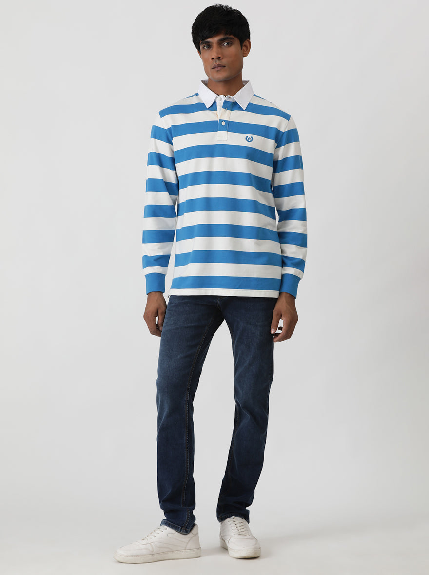 Blue Striped Slim Fit Polo T-Shirt | Greenfibre