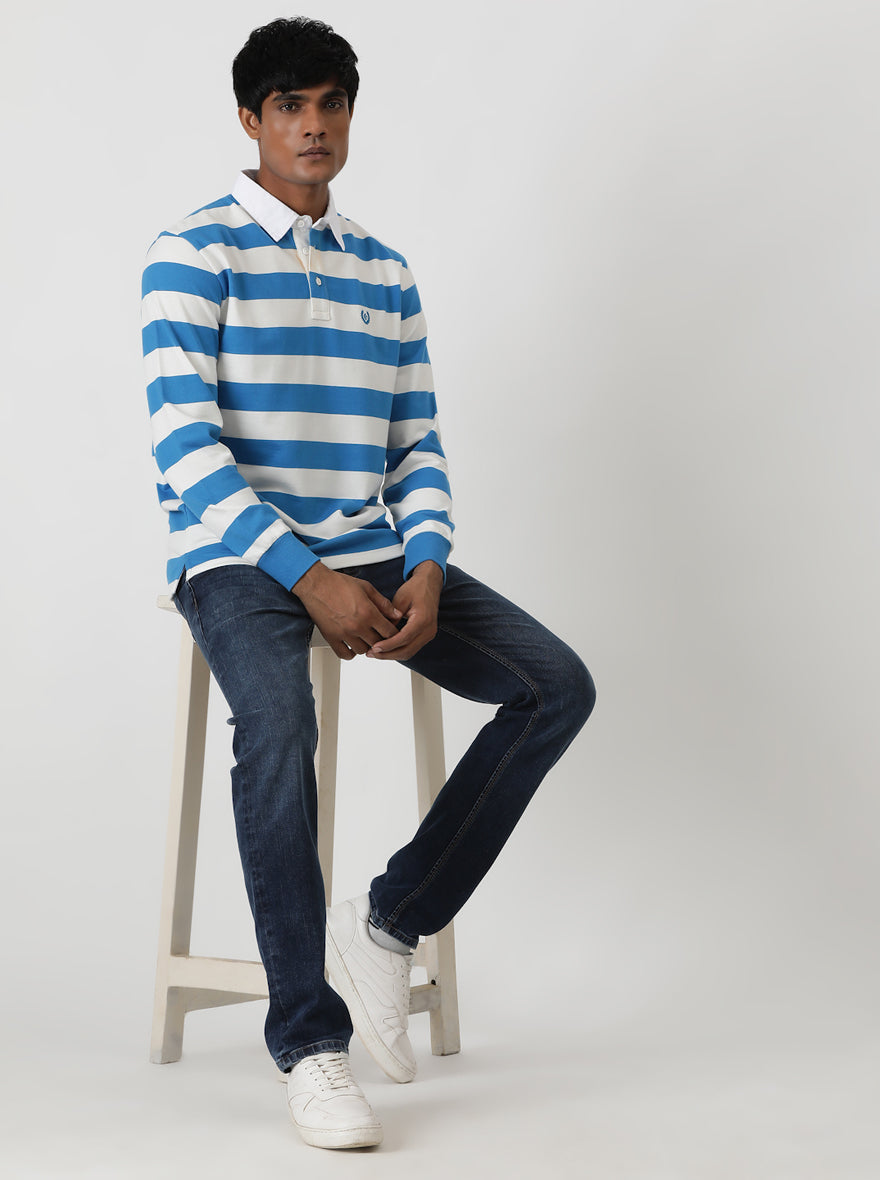 Blue Striped Slim Fit Polo T-Shirt | Greenfibre