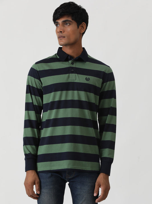 Green Striped Slim Fit Polo T-Shirt | Greenfibre