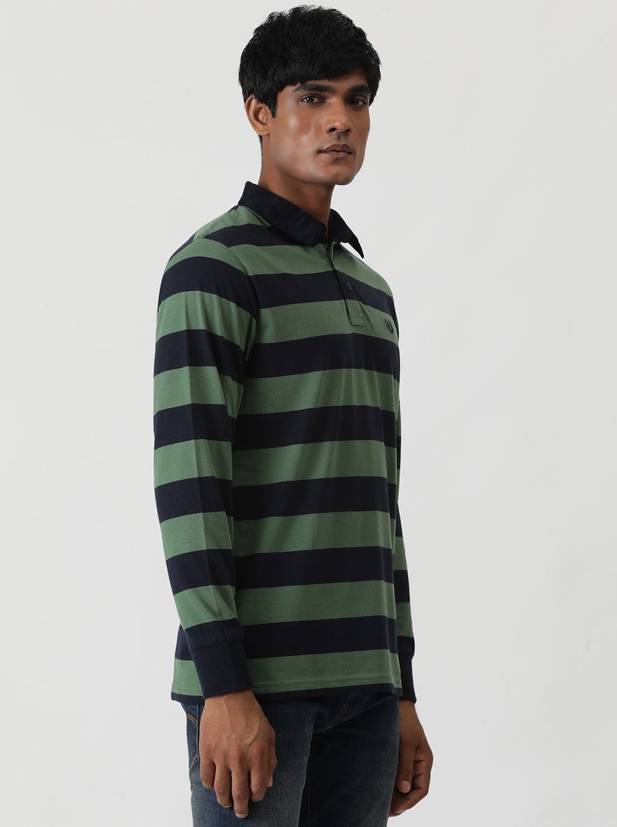 Green Striped Slim Fit Polo T-Shirt | Greenfibre