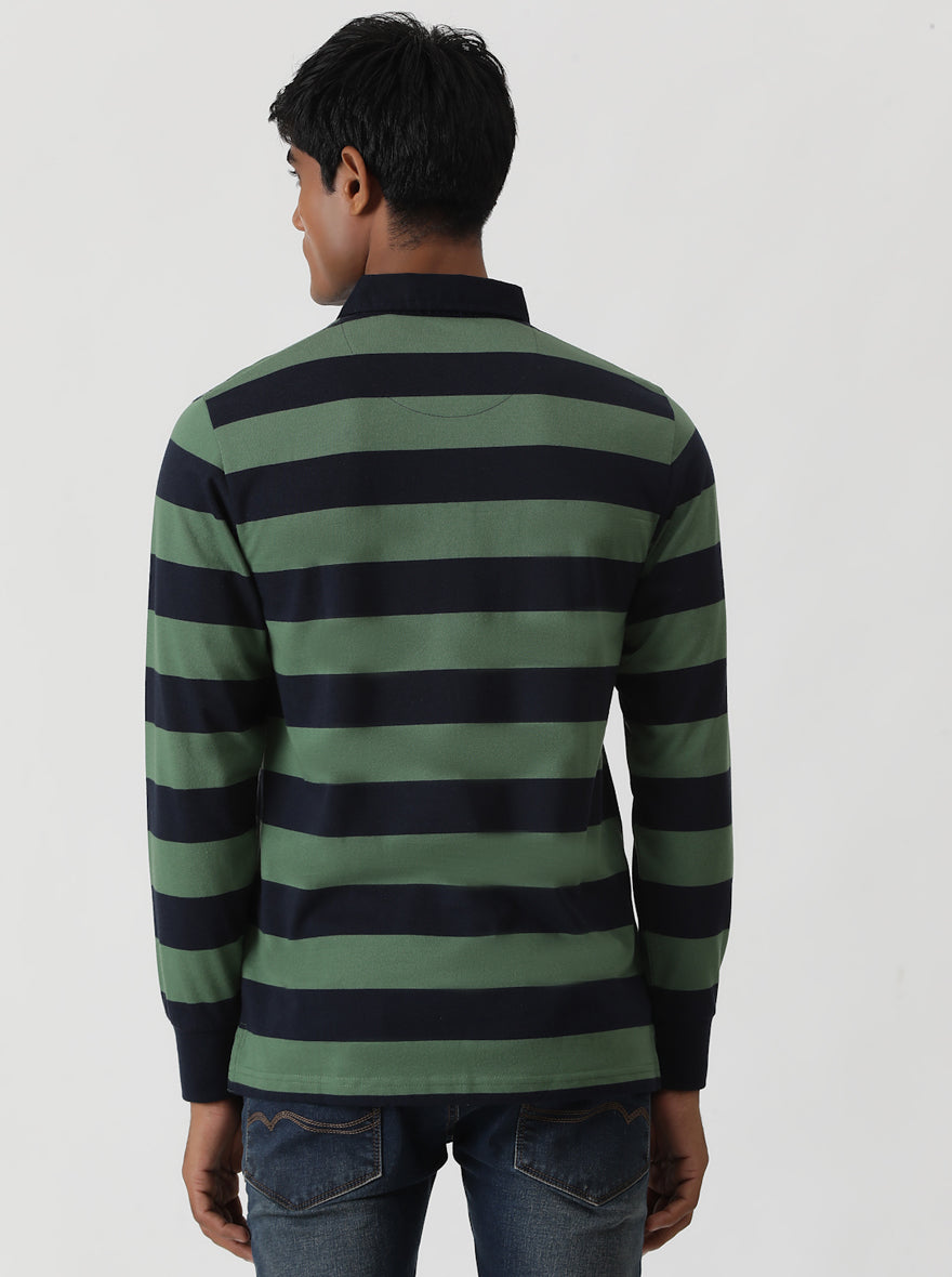 Green Striped Slim Fit Polo T-Shirt | Greenfibre