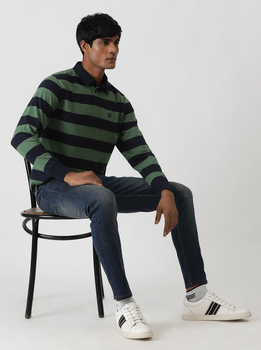 Green Striped Slim Fit Polo T-Shirt | Greenfibre