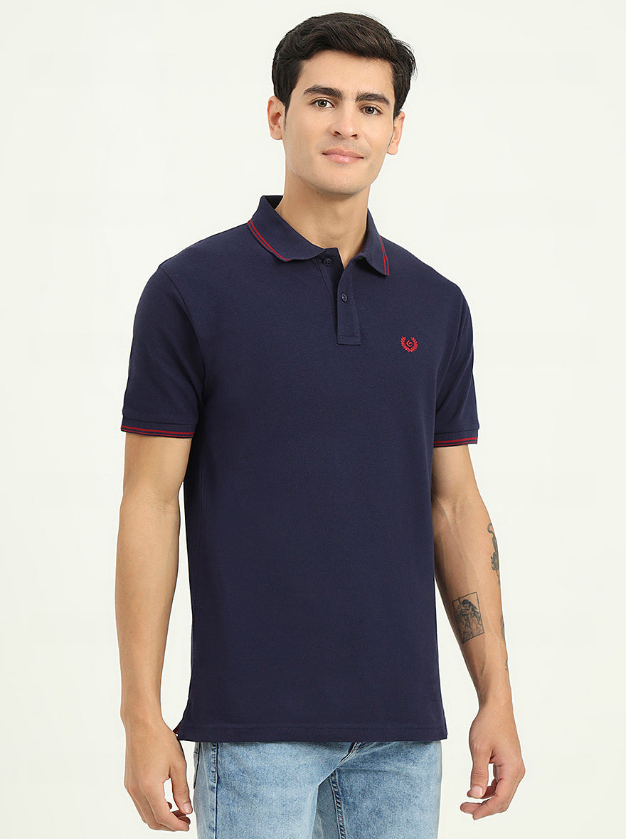 Navy Blue Solid Slim Fit Polo T-Shirt | Greenfibre