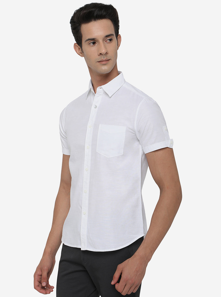 White Solid Slim Fit Semi Casual Shirt | Greenfibre