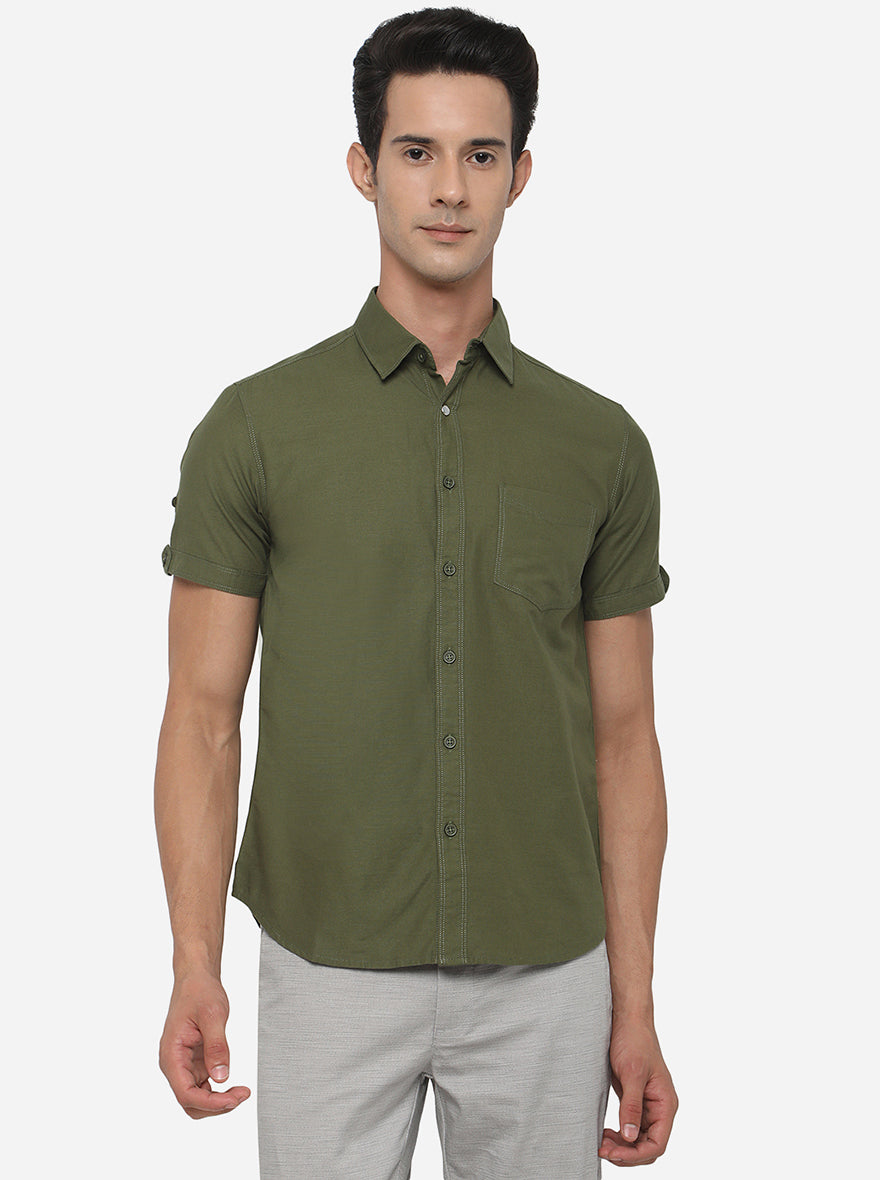 Olive Green Solid Slim Fit Semi Casual Shirt | Greenfibre