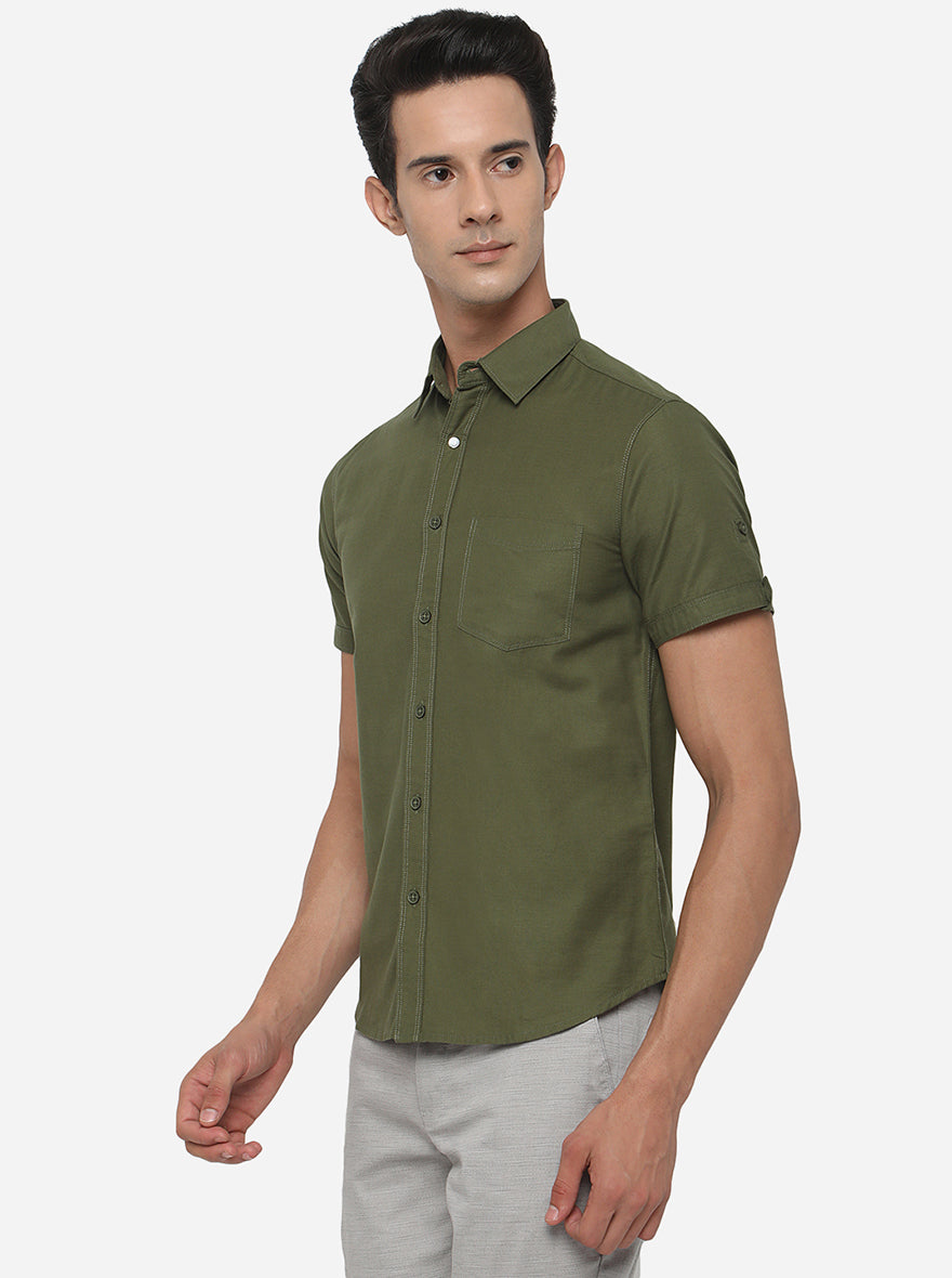 Olive Green Solid Slim Fit Semi Casual Shirt | Greenfibre