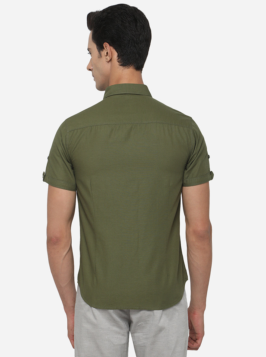 Olive Green Solid Slim Fit Semi Casual Shirt | Greenfibre