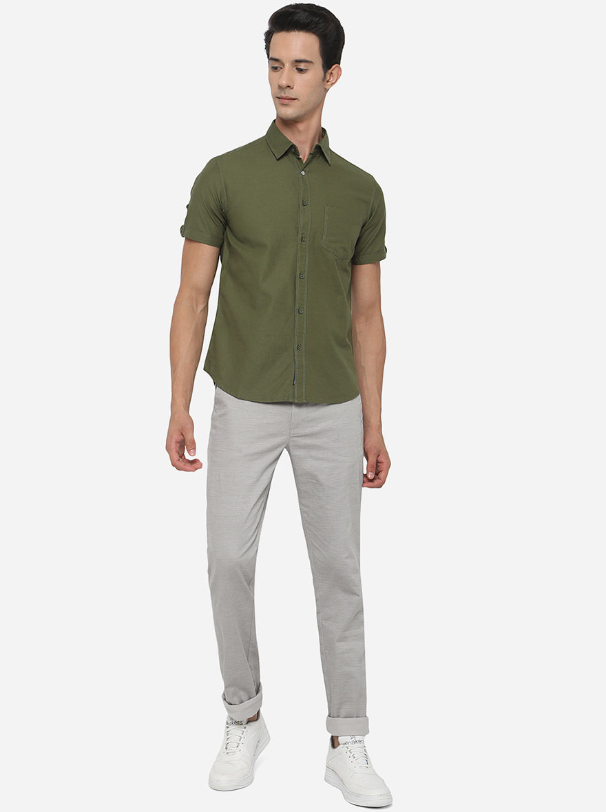 Olive Green Solid Slim Fit Semi Casual Shirt | Greenfibre