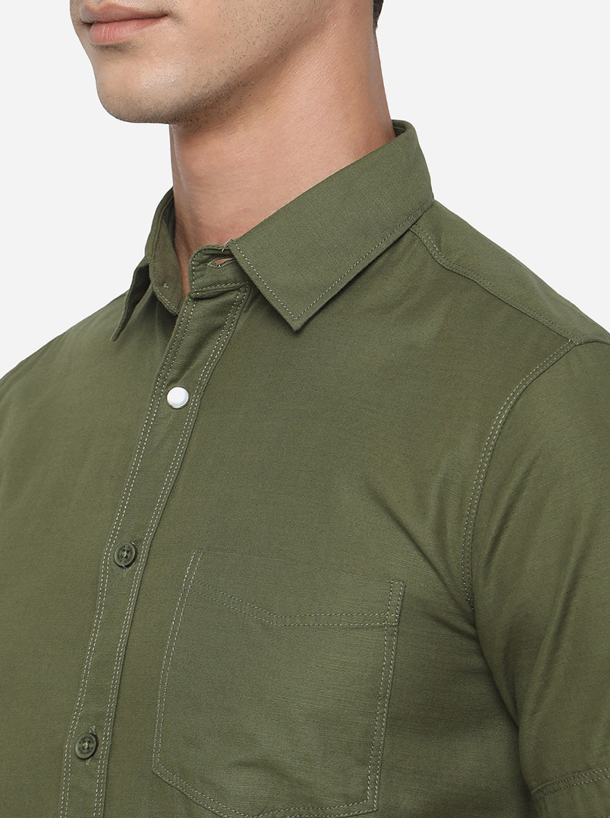 Olive Green Solid Slim Fit Semi Casual Shirt | Greenfibre