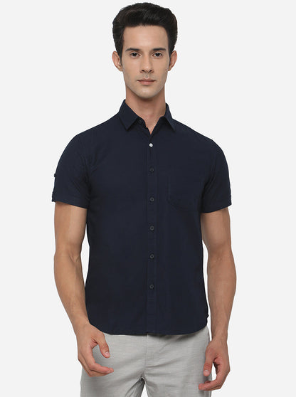 Navy Blue Solid Slim Fit Semi Casual Shirt | Greenfibre