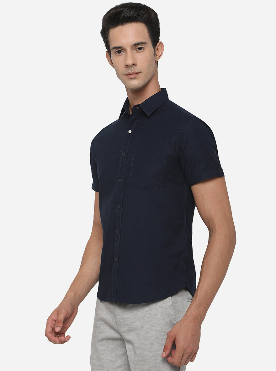 Navy Blue Solid Slim Fit Semi Casual Shirt | Greenfibre