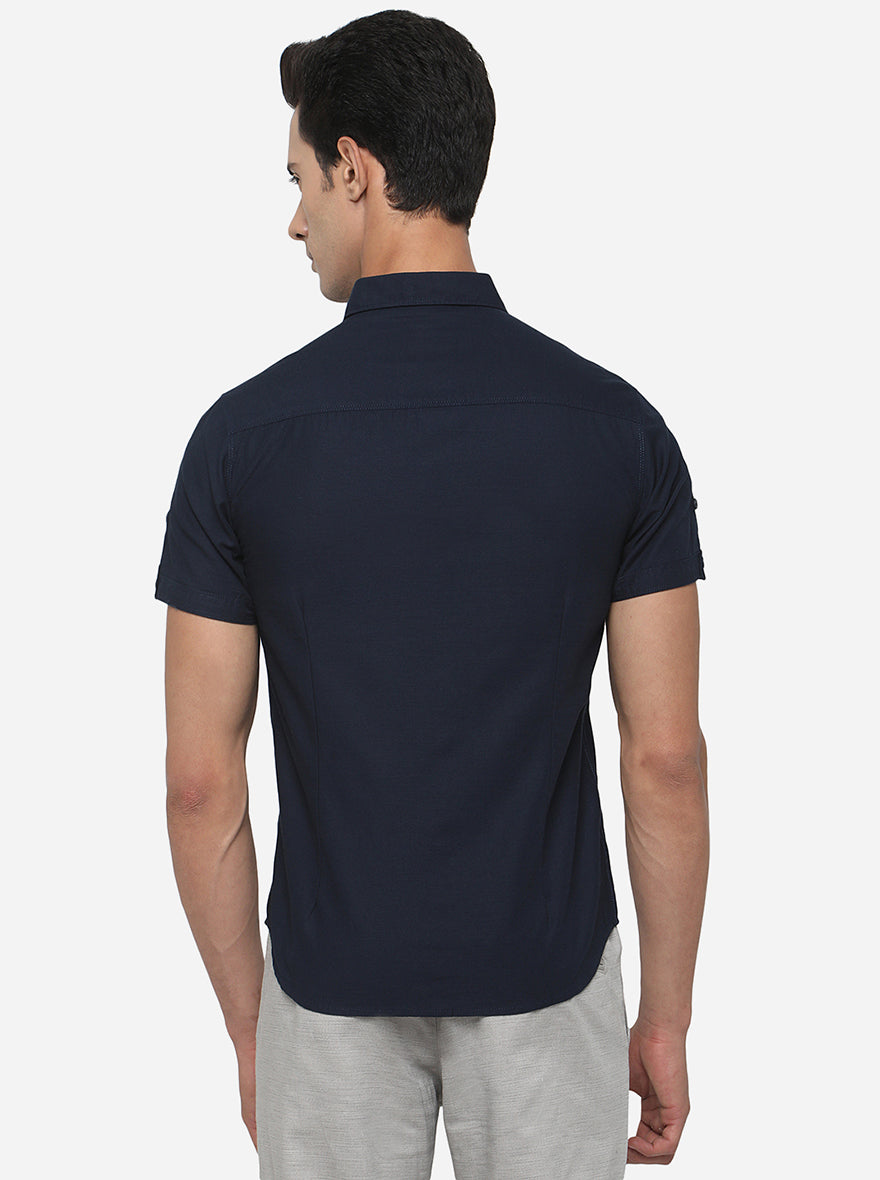 Navy Blue Solid Slim Fit Semi Casual Shirt | Greenfibre