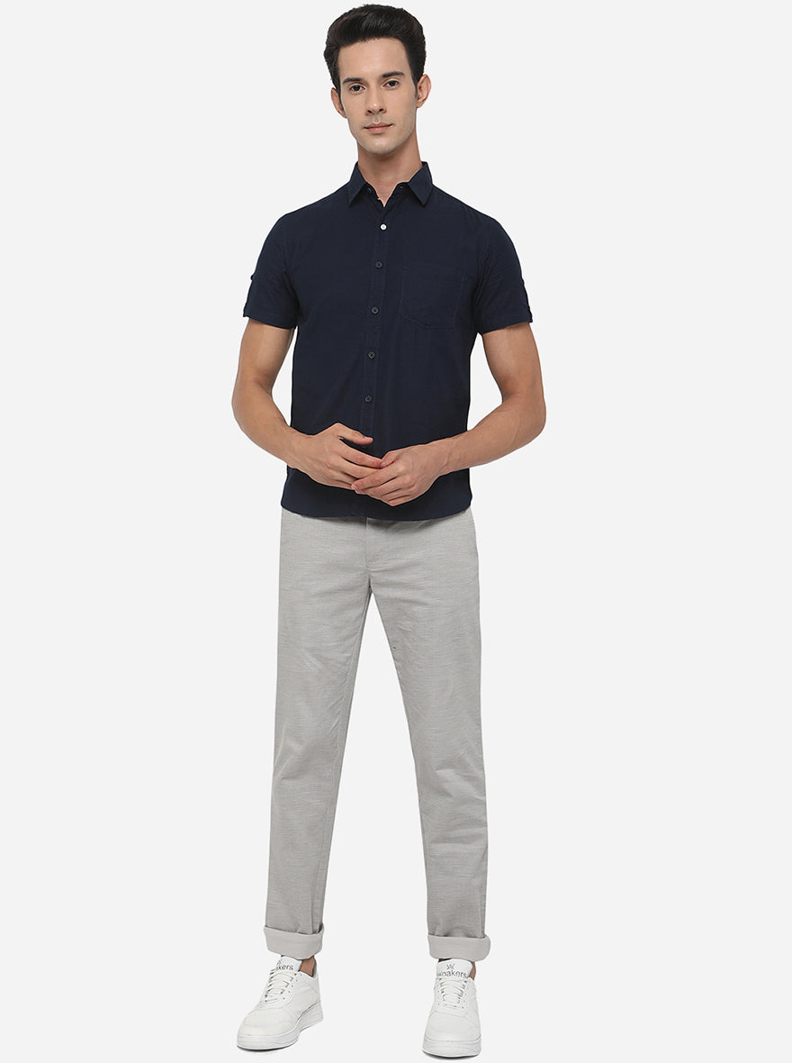 Navy Blue Solid Slim Fit Semi Casual Shirt | Greenfibre