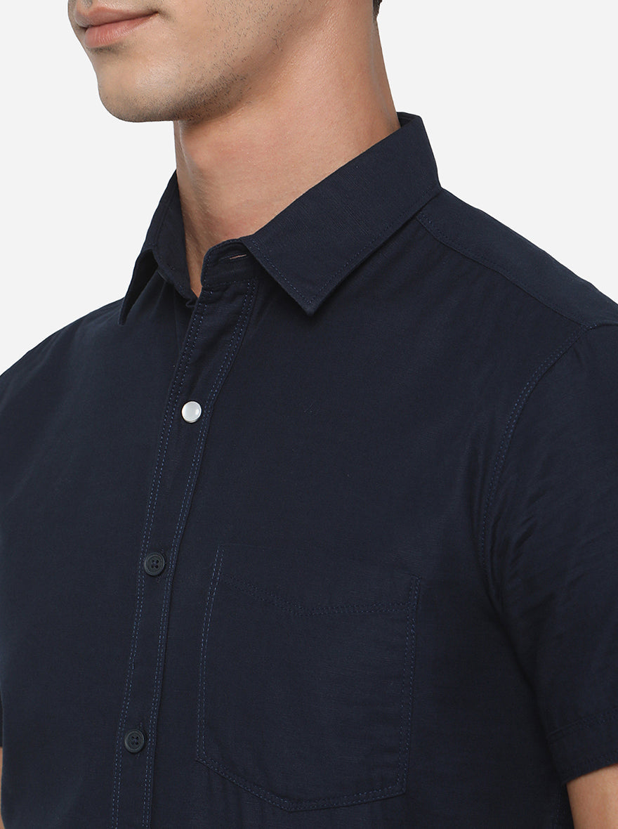 Navy Blue Solid Slim Fit Semi Casual Shirt | Greenfibre