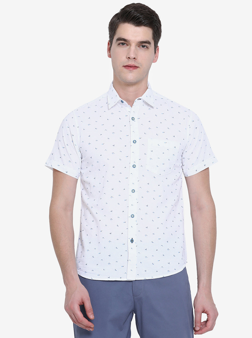 Bright White Printed Slim Fit Semi Casual Shirt | Greenfibre